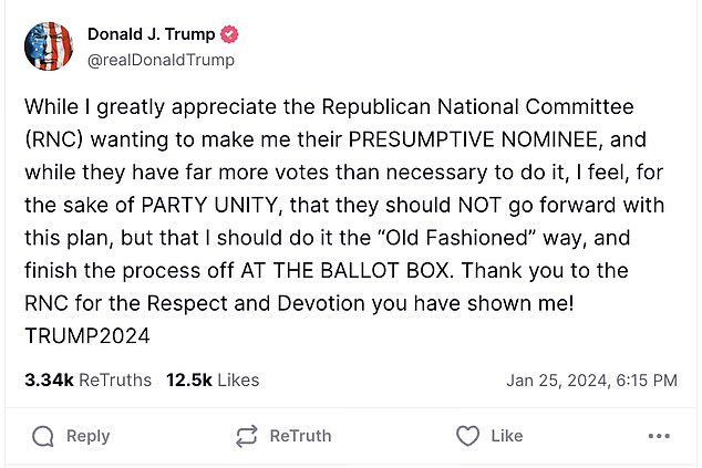 That said, he said there was no need for the Republican National Committee to vote on a resolution at next week's winter meeting that would declare him a 