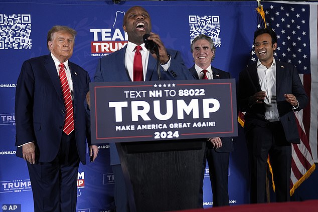 Avengers converge: Donald Trump brought three of his former rivals to the stage Monday at his final rally ahead of the New Hampshire primary.  He was joined by (l-r) Senator Tim Scott, Governor Doug Burgum and Vivek Ramswamy.  All three stepped out and supported the former president