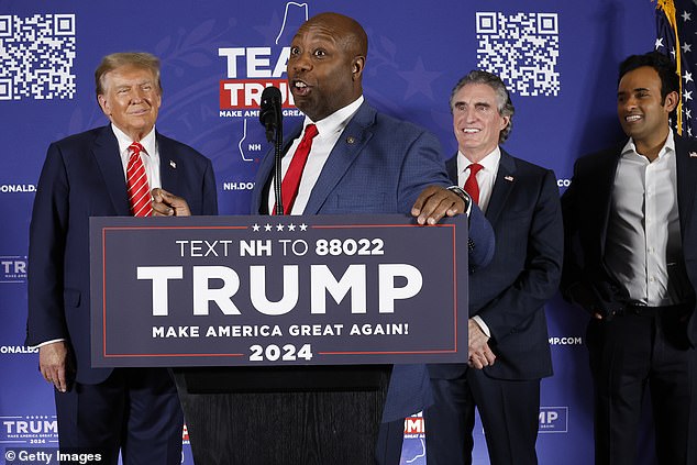 Donald Trump congratulated Senator Tim Scott on his engagement Monday evening at a rally in New Hampshire, where many of the former president's former rivals were on stage