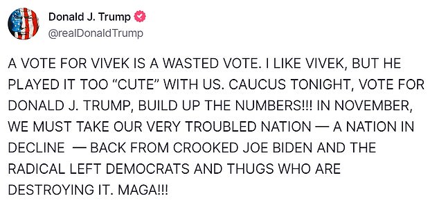 With hours to go before Iowa Republicans choose their 2024 candidate, Donald Trump launched a new attack against rival Vivek Ramaswamy as he implored his supporters to turn out.