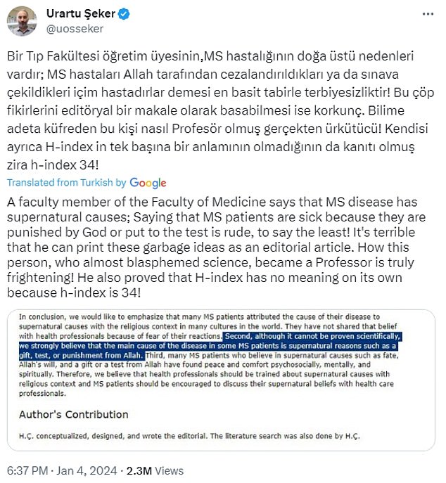 Academic Urartu Şeker, based in Ankara, Turkey, brought the article to public attention on X, formerly known as Twitter.  He wrote that researcher Hüseyin Çaksen's article was 'trash' and 'frightening'