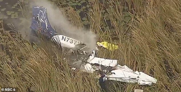 Footage from the scene showed debris strewn across the swamp and a plume of smoke billowing from the plane as part of it burned.