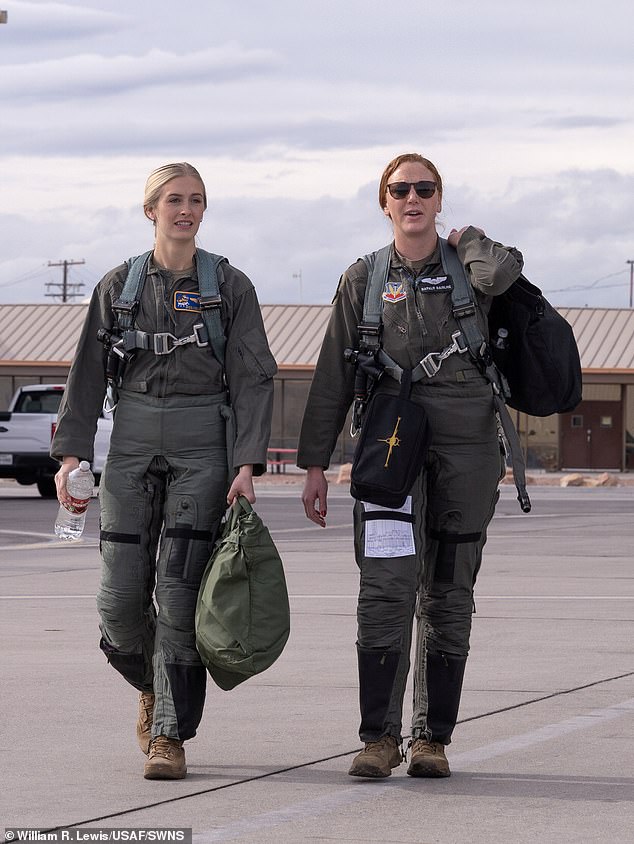 Madison Marsh (left) disembarks for her introductory flight at Nellis Air Force Base, Nevada on December 19, 2023