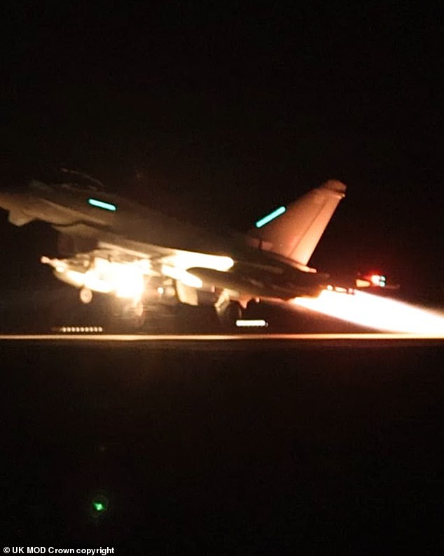 A Royal Air Force Typhoon aircraft takes off to join the US-led coalition to carry out air strikes on military targets in Yemen.  On Thursday evening, four Royal Air Force Typhoons were launched from Royal Air Force Akrotiri to carry out attacks on military targets in Yemen