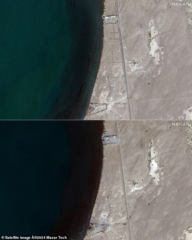 The attack on the radar facility came after the Houthis launched an anti-ship ballistic missile in retaliation for overnight attacks by US and British forces on Thursday.  Pictured: two facilities along Yemen's coast before and after the strikes