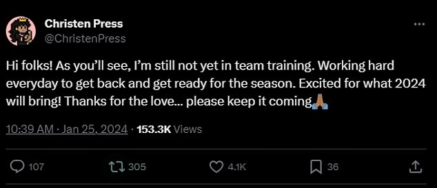 The press posted a tweet stating that she is still recovering and is not ready to rejoin team training