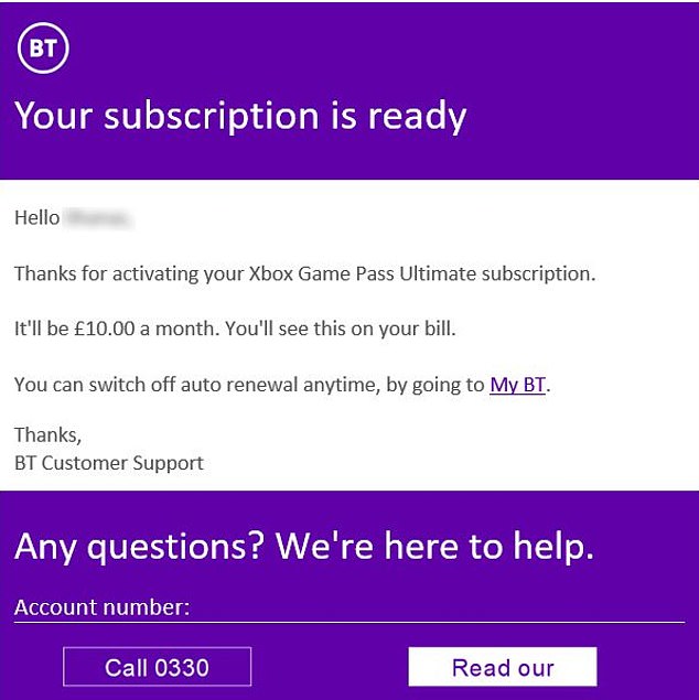 Some people received an email (pictured) that made it look like they had signed up for Xbox Game Pass when they hadn't