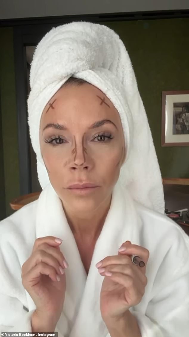 Victoria Beckham, 49, revealed how she manages to get her very defined and chiselled face by sharing her incredibly precise step-by-step makeup routine on Instagram on Sunday