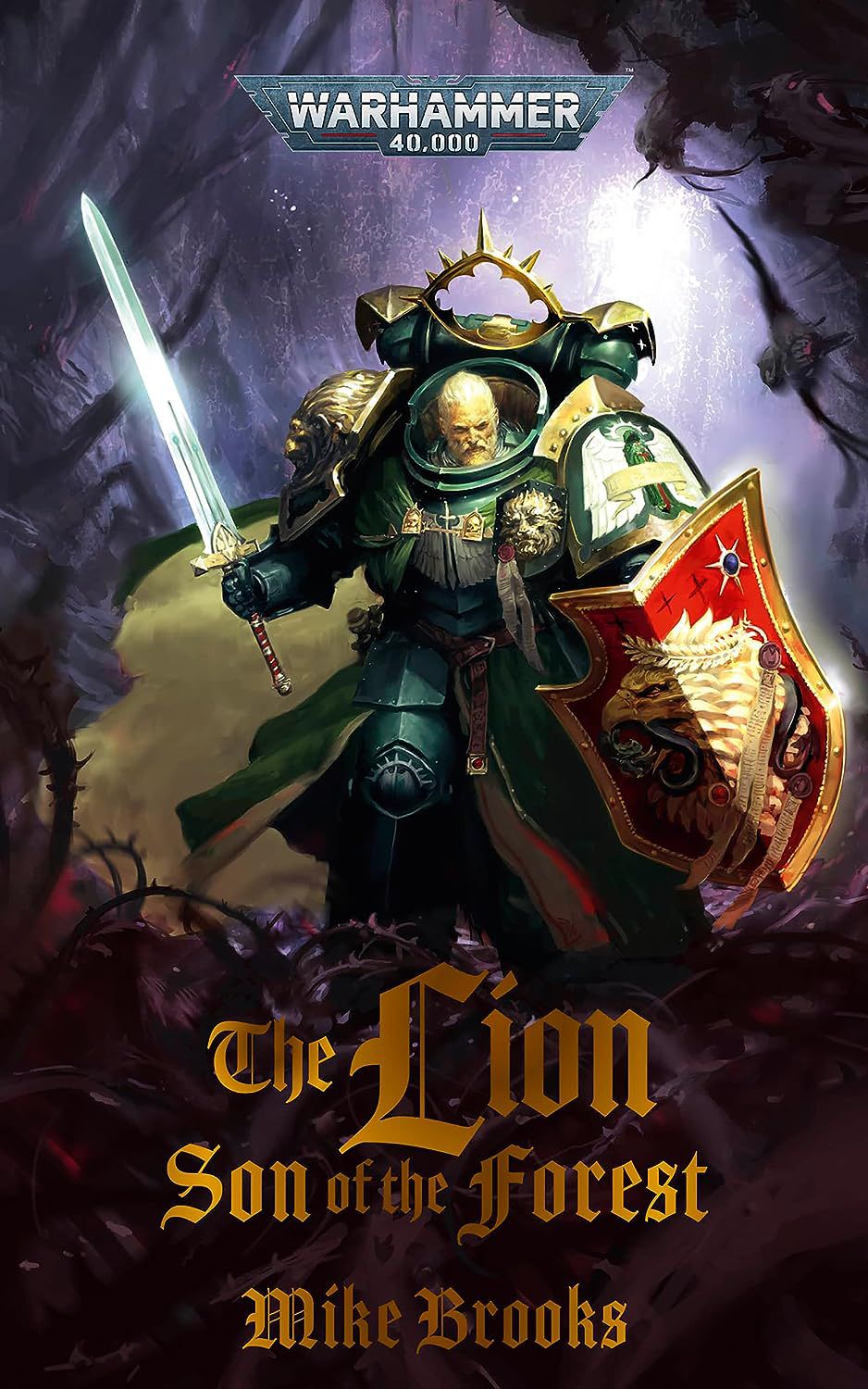 The cover art for The Lion: Son of the Forest by Mike Brooks shows The Lion, dressed in green armor, striding through a purple forest with his sword drawn