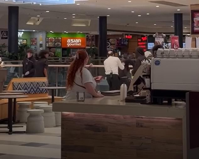 Up to eight youths were involved in a brawl (above) at the Westfield Geelong food court on Wednesday