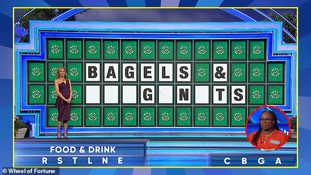 The Wheel of Fortune contestant named Tarhea was tasked with filling in the blanks in 'BAGELS & ___G_N_TS'.  She recommended 'bagels and fritters' then 'bagels and croissants'