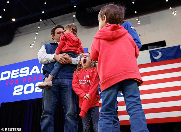 Florida Governor Ron DeSantis surprised many by leaving New Hampshire this weekend to campaign in South Carolina.  He is seen here with his daughter Mamie as his eldest daughter Madison yawns and his son Mason looks on at an event in Myrtle Beach.