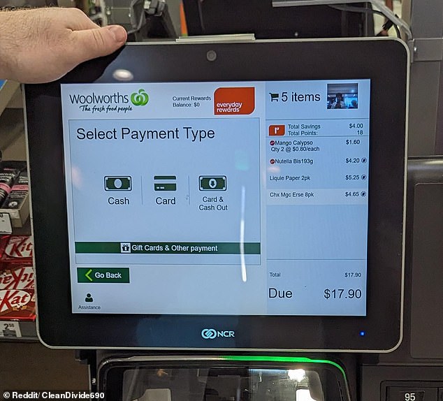 The customer took photos of the checkout screen at the Woolworths Macarthur Metro store in Brisbane