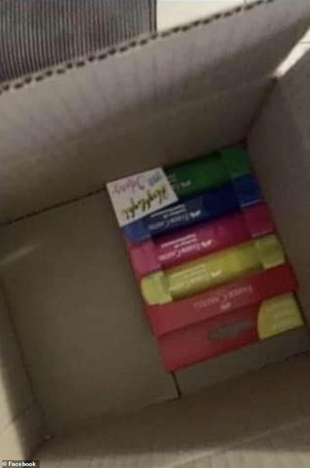 One of her photos showed one pack of highlighters standing alone in a large box