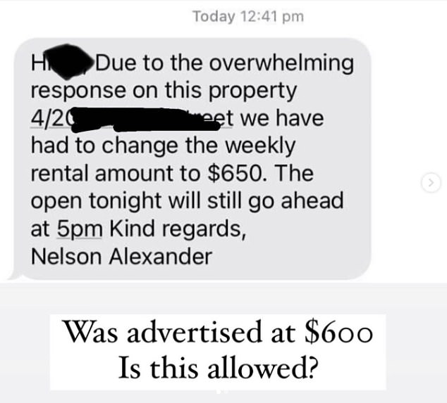 Journalist Jacqueline Felgate shared a text (above) that a Melbourne tenant received from an estate agent just hours before a property inspection