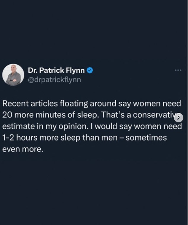 Dr.  Patrick Flynn, who calls himself 'the hormone whisperer', says women sometimes need more than two hours of extra sleep a night to avoid 'extra stress' on their bodies.