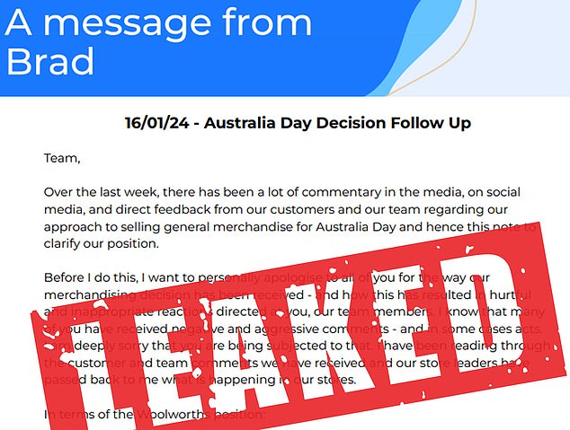 A leaked memo from the Woolworths CEO to staff explains why stores put up banners for Diwali and Chinese New Year, despite not having one for Australia Day.