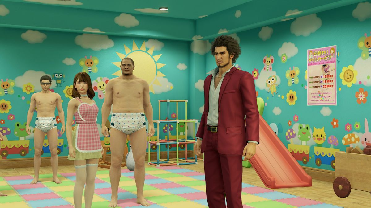 Ichiban Kasuga stands in a daycare center in the game Yakuza: Like a Dragon.