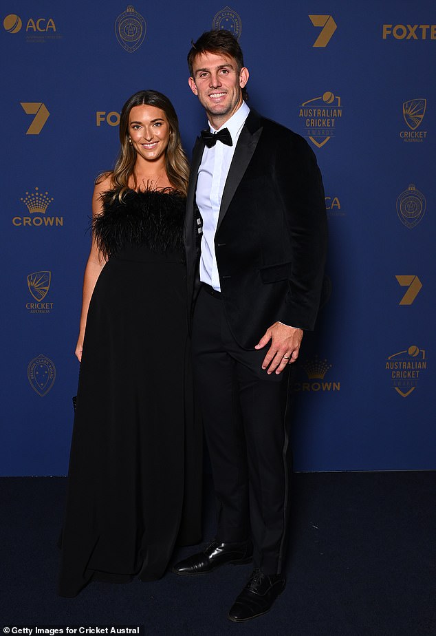 The all-rounder suppressed tears as he thanked his wife Greta (pictured together at the awards ceremony) for her continued support