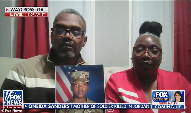 Shawn and Onedia Sanders, seen here, also detailed how Sanders was close to fellow fallen soldier Breonna Moffet, who was killed in the same attack.