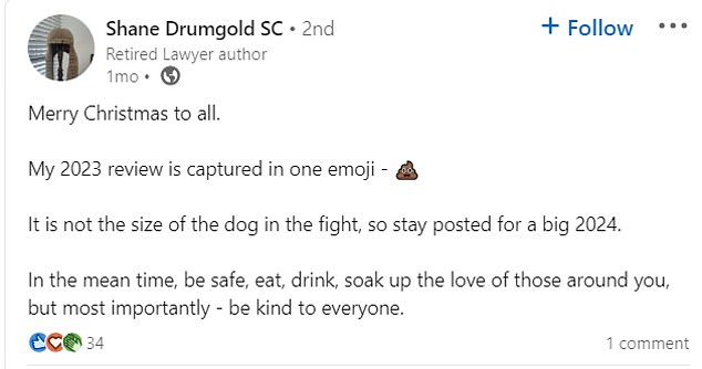 Shane Drumgold used a poop emoji on LinkedIn to describe 2023 (post pictured)