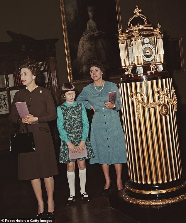 Queen Elizabeth II, left, is said to have known all about the relationship - and made it known that she disapproved of her sister's 'gutter snipe life'.  Margaret's daughter, Lady Sarah Armstrong-Jones, stands in the centre