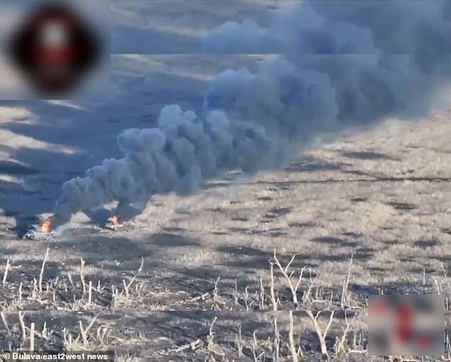 The blistering Ukrainian attacks took place in the Novomykhailivka area of ​​the Russian-occupied Donetsk region, located in eastern Ukraine.  Pictured: Russian tanks catching fire in the aftermath