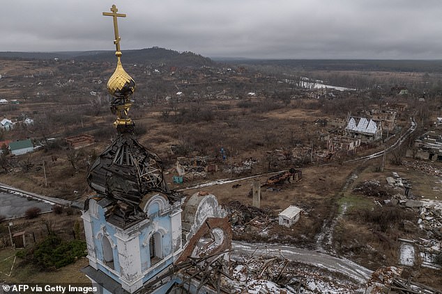 This aerial view shows a destroyed church and other destruction in the village of Bohorodychne, Donetsk region, on January 27, 2024