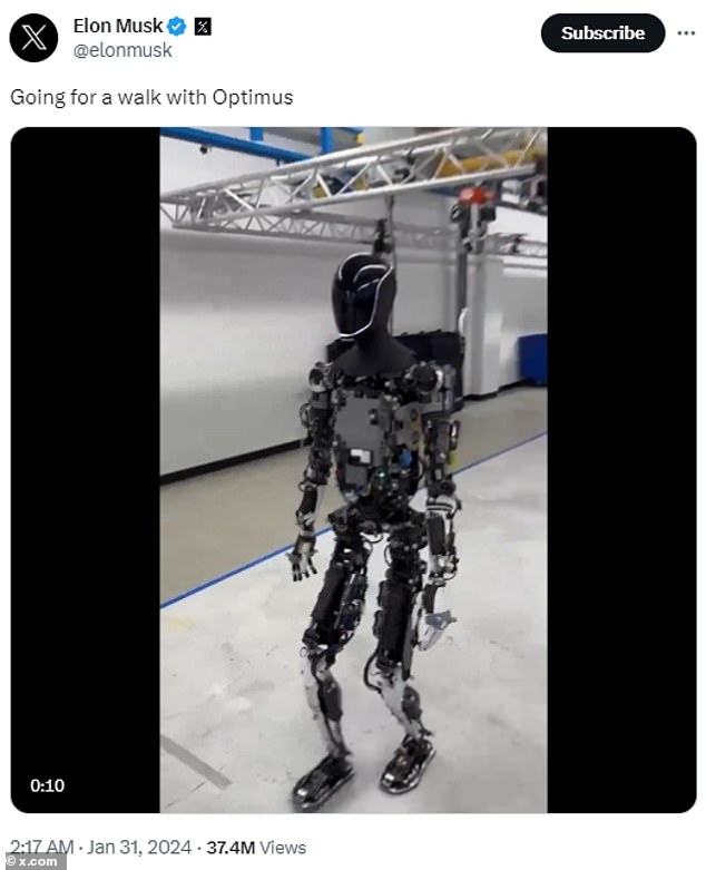 Musk – who routinely posts clips showing off the machine's impressive capabilities – said in the post: 'Go for a walk with Optimus'