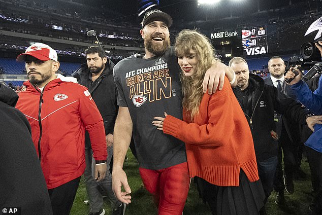 Pictured: Swift celebrates with the Kansas City Chiefs tight end after Kelce's squad secured their spot in the Super Bowl