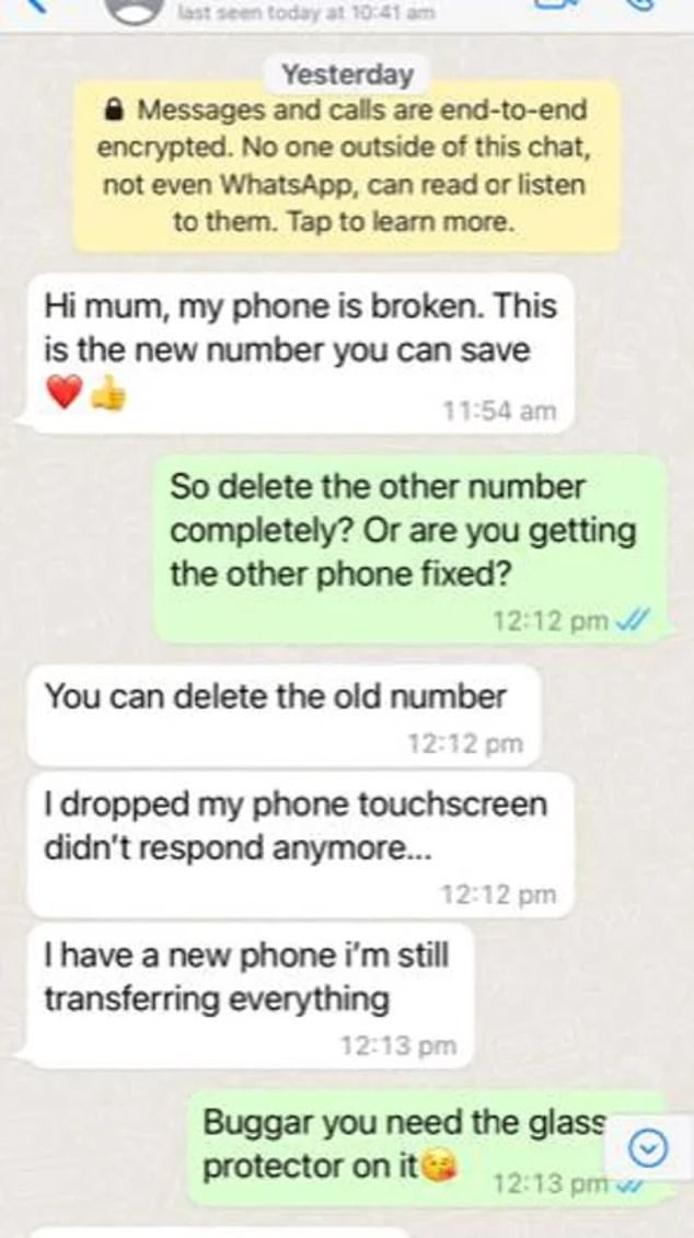 The scammer peppered the text messages with love heart emojis to maintain the facade that he was Ms Merrilees' daughter