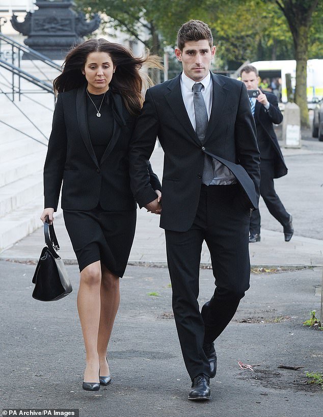 Massey supported her husband Ched Evans when he was convicted of raping a woman in a Wales hotel in 2011, but was acquitted after a high-profile retrial in 2016 (pictured outside court)