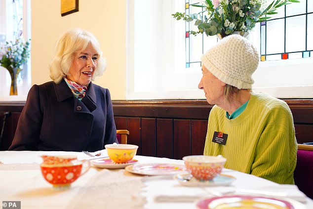 The radiant Camilla, who became patron of the St. John's Foundation in 2009, seemed eager to have a chat with the older residents of the courtyard over a cup of tea