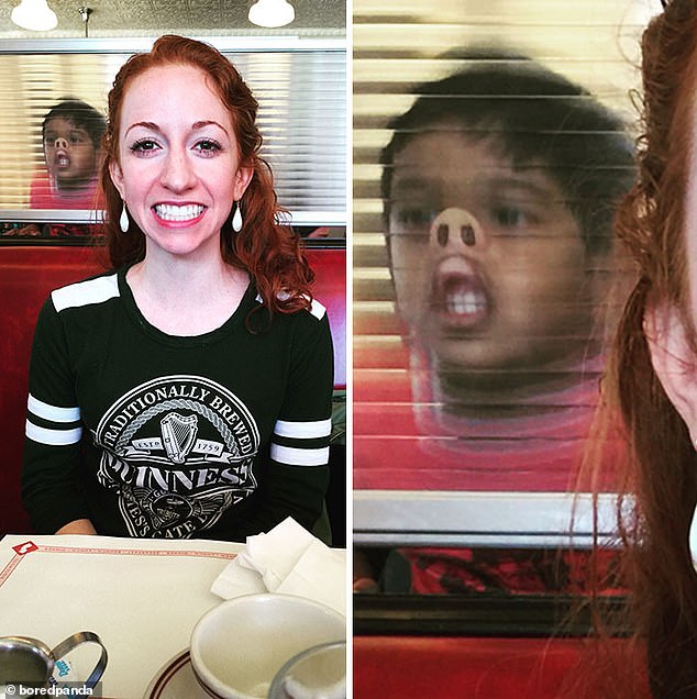 Say Cheese!  In one hilarious moment, a little boy completed the perfect photobomb by rubbing his nose against a window behind a woman