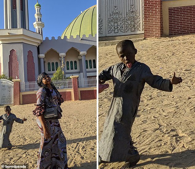 Being in the center of the attention!  As a woman struck a glamorous pose in front of a beautiful building, a child stuck out his tongue and gave a thumbs up to make sure all eyes were on him