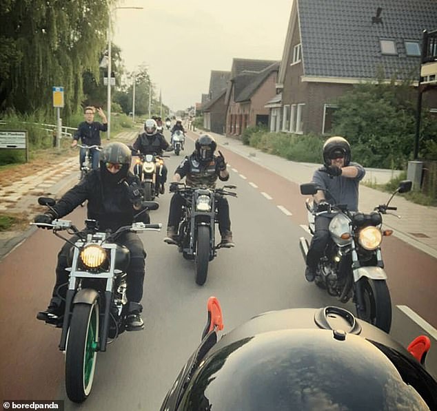 Participate!  A cyclist became entangled in a group of motorcyclists in the Netherlands, resulting in a hilarious photo bomb