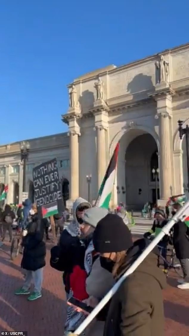 Other footage shows protesters outside the city's Union Station repeatedly chanting 