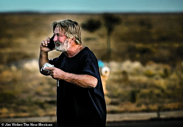 Baldwin is seen in the parking lot outside the Santa Fe County Sheriff's Office