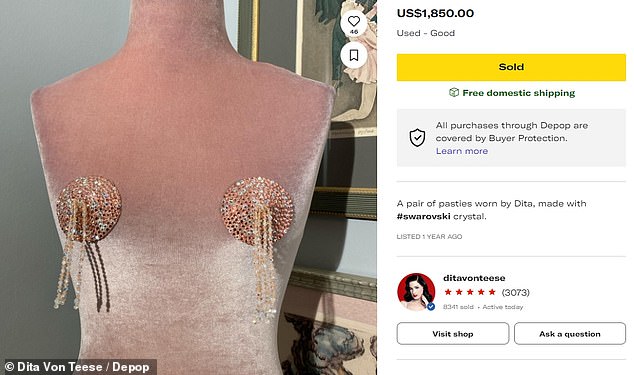 The beauty also pocketed a whopping $1,850 after flogging a pair of glitzy nipple tassels made with Swarovski crystal