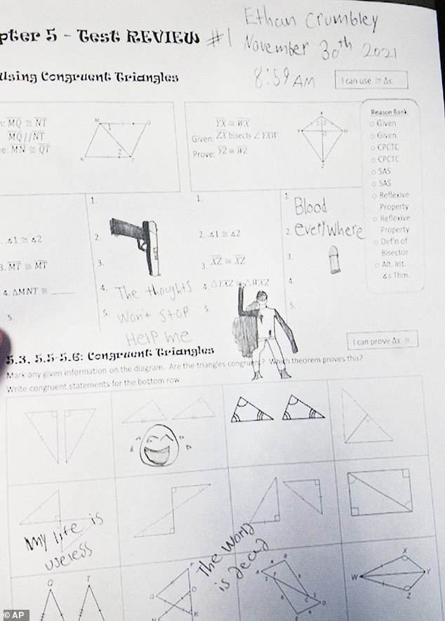 Jurors in the involuntary manslaughter trial of Jennifer Crumbley were shown disturbing drawings by mass shooter son Ethan hours before he opened fire at Oxford High School, killing four people.