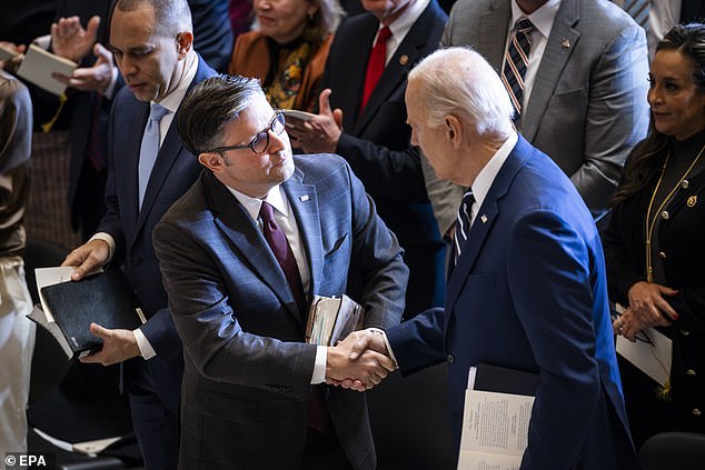 At the end of the National Prayer Breakfast, President Joe Biden and Chairman Mike Johnson shake hands