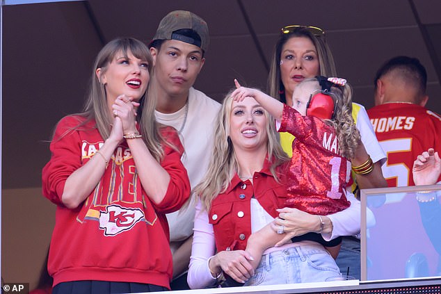 From L-R: Taylor Swift, Jackson Mahomes, Brittany Mahomes (daughter Sterling) and Randi Mahomes