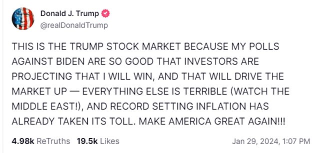 Trump posted Monday that he was responsible for the stock market highs