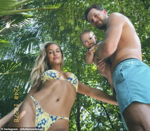 The model was joined by her fiancé Lewis Burton, 31, a former professional tennis player, and their son Lucky, 17 months, on a trip to the South Asian paradise