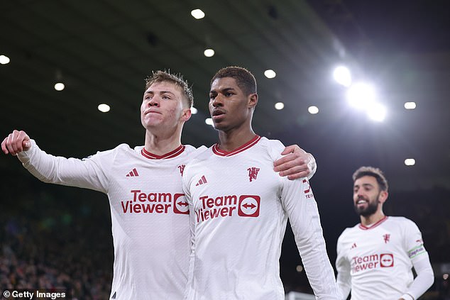 Rashford was a constant threat and United looked on course for victory when Rasmus Hojlund (left) doubled the lead in the first half