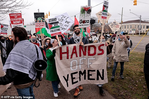 Some held signs reading 'Hands off Yemen' and vowed not to vote for him in the general election