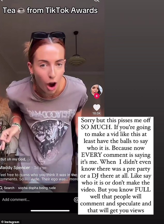 Sopha Dopha's response comes after speculation that she was rude to a DJ at last year's TikTok Awards.  DJ Maddy Spencer posted a fiery video calling out a 'major creator' for allegedly rejecting her at the event