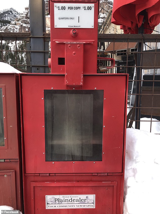 Hours after Colorado published a story about the alleged violent sexual assault of a teenage girl at the police chief's home, hundreds of copies of the newspaper were stolen from nearly every newspaper rack in the county.  Pictured: Ouray County Plaindealer newspaper rack