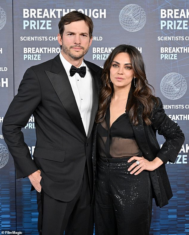 Ashton and Mila tied the knot in 2015 and share two children: daughter Wyatt, nine, and son Dimitri, seven;  seen in April 2023