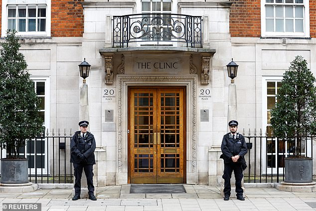 The Princess of Wales was released from hospital just hours before King Charles also left the London Clinic (pictured) after a three-day stay to recover from prostate surgery